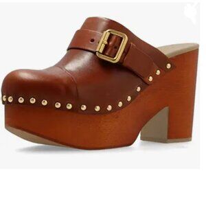 YDN Brown Platform Round Toe Mules Rivet Studded Block Heels Buckled Strap Shoe